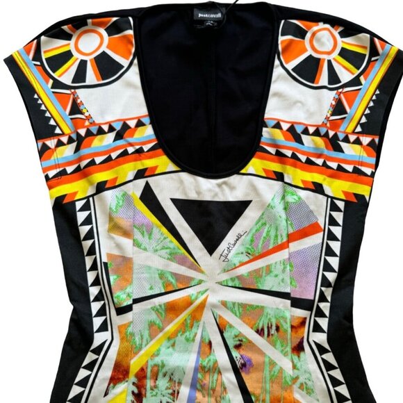 NWT Just Cavalli Bodycon Graphic Print Palm Tree Knee Length Dress Size 42 - Picture 2 of 13